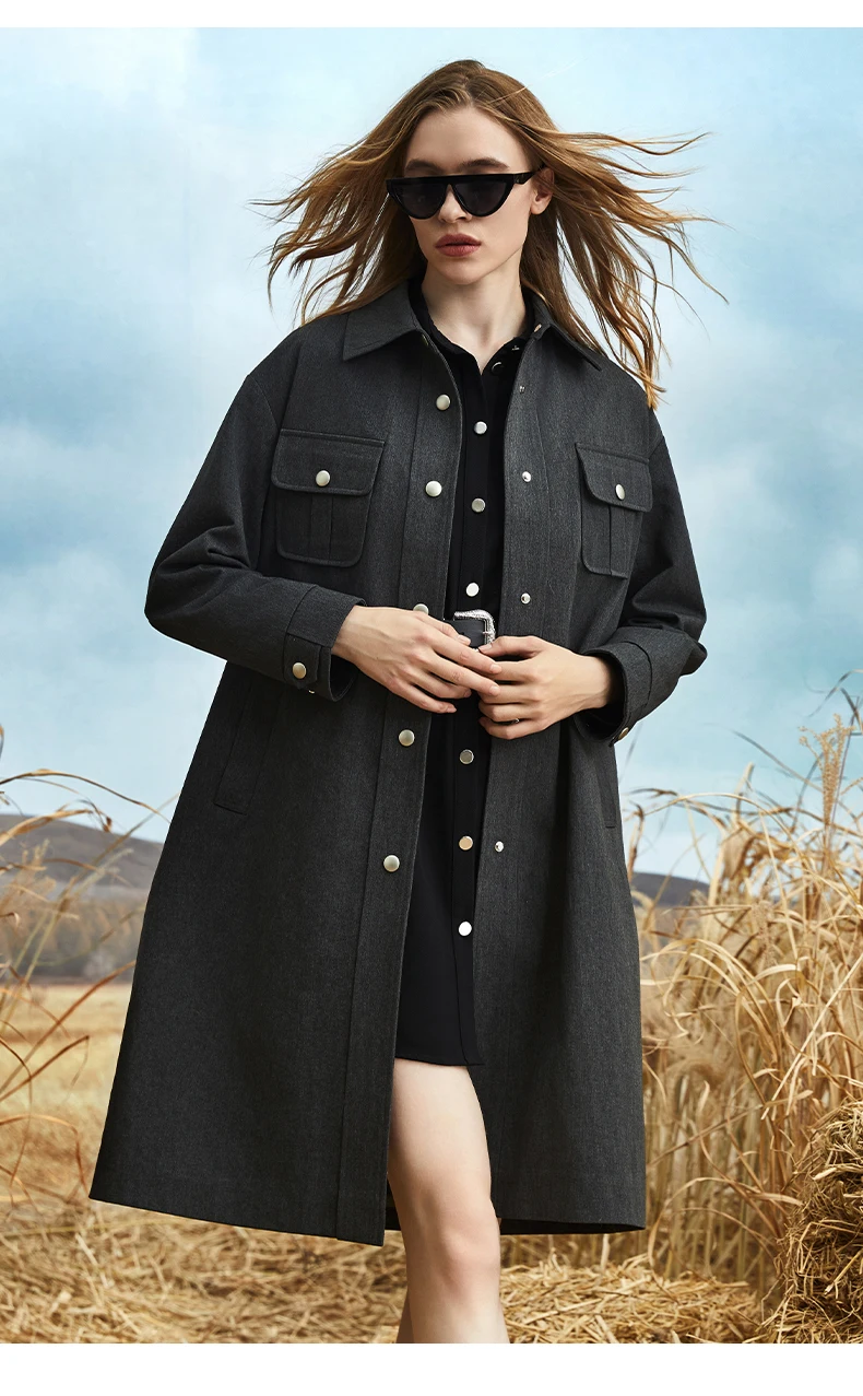 

2024 autumn new solid color retro British wind trench coat women's temperament long coat