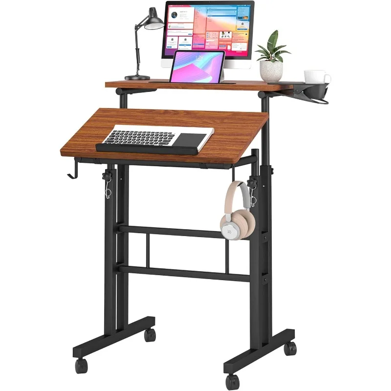 

Stand Up Desk on Wheels, Portable Computer Desk for Home Office,Rolling Desk for Laptop with Removable Cup Holder, Adjust