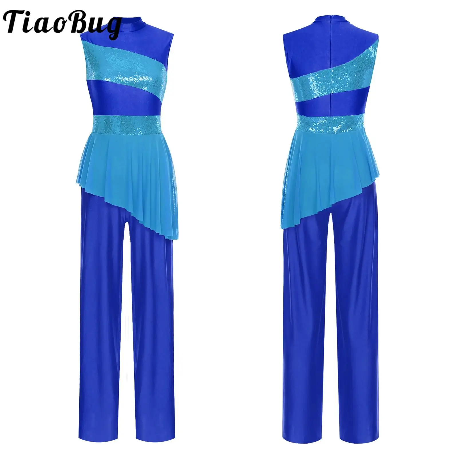 

Women Lyrical Modern Gymnastic Dance Costume Sleeveless Sequin Patchwork Mesh Overlay One-Piece Dance Jumpsuit Ballet Jazz Dress