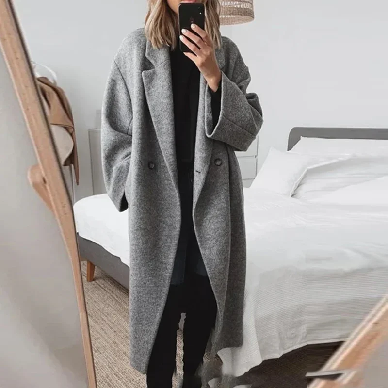 

Simple Casual Turn-down Collar Long Coat Women Double Breasted Autumn Jacket Cardigan Winter Long Sleeve Woolen Trench Outerwear