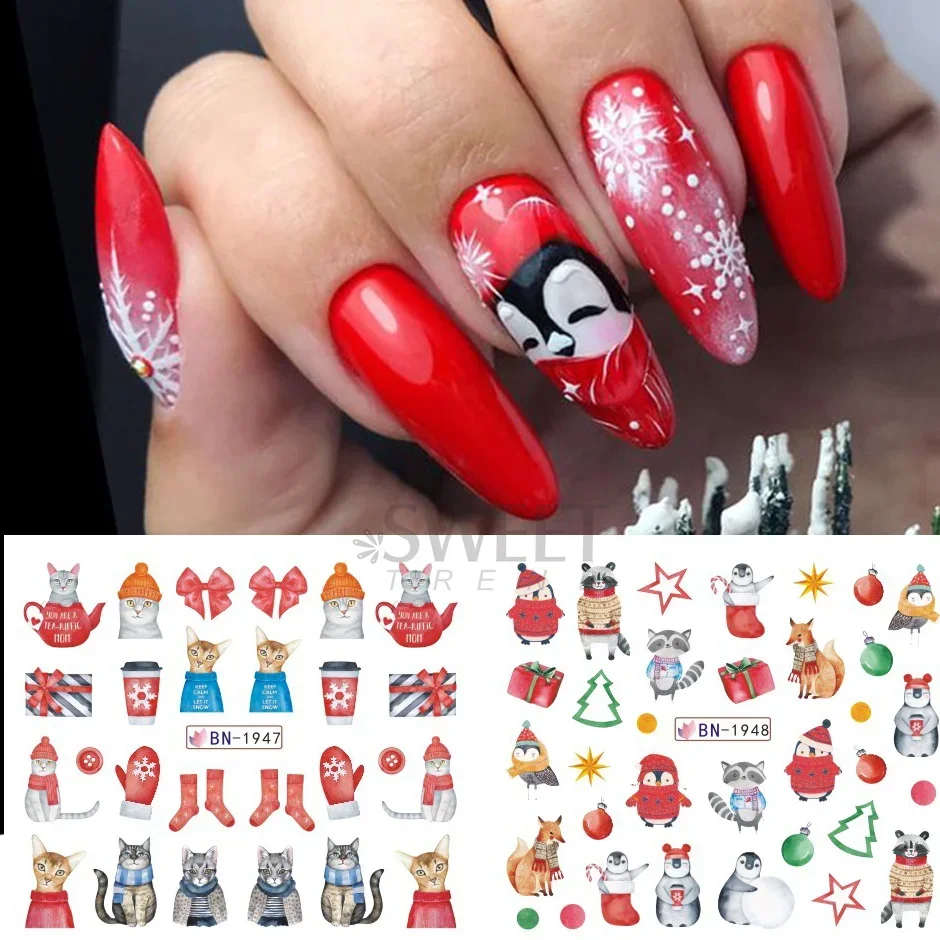 12pcs Cute Penguin Winter Nail Stickers Set Birds Bear Cat Animal Snowflake Sliders Water Decals Decoration 2024 Xmas Tips Foils