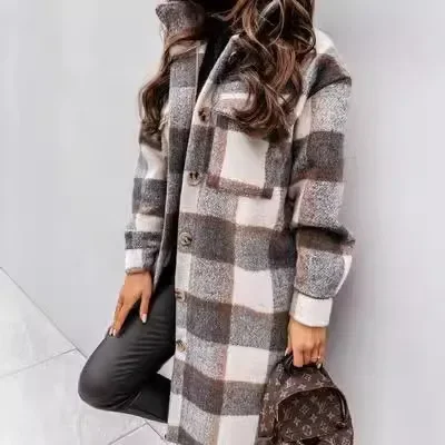 Women's Long Sleeve Plaid Print Wool Blend Coat Autumn Winter New Arrival Medium Length Fashion Outerwear Middle Age Size