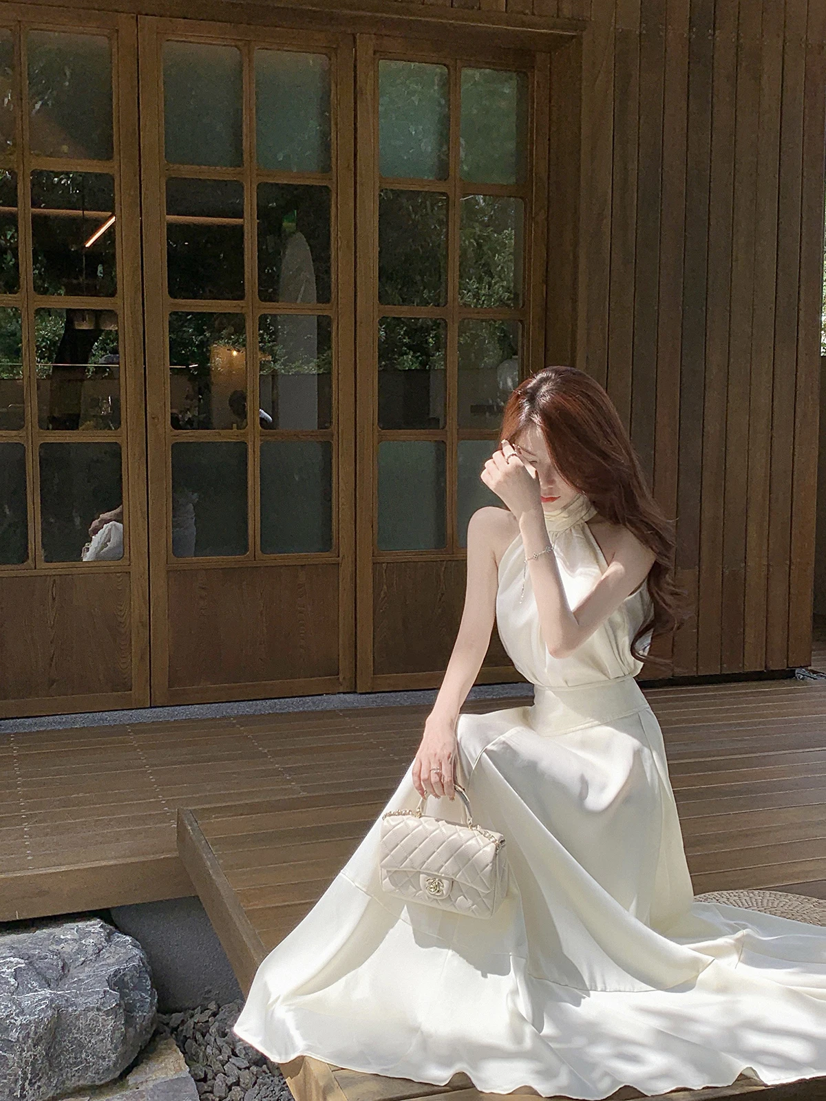 

JustQin Luxury Princ Ne Hanging Silk Top And Long Skirt Two-Piece Set for Women Ele Commute High Waist Asymmetrical