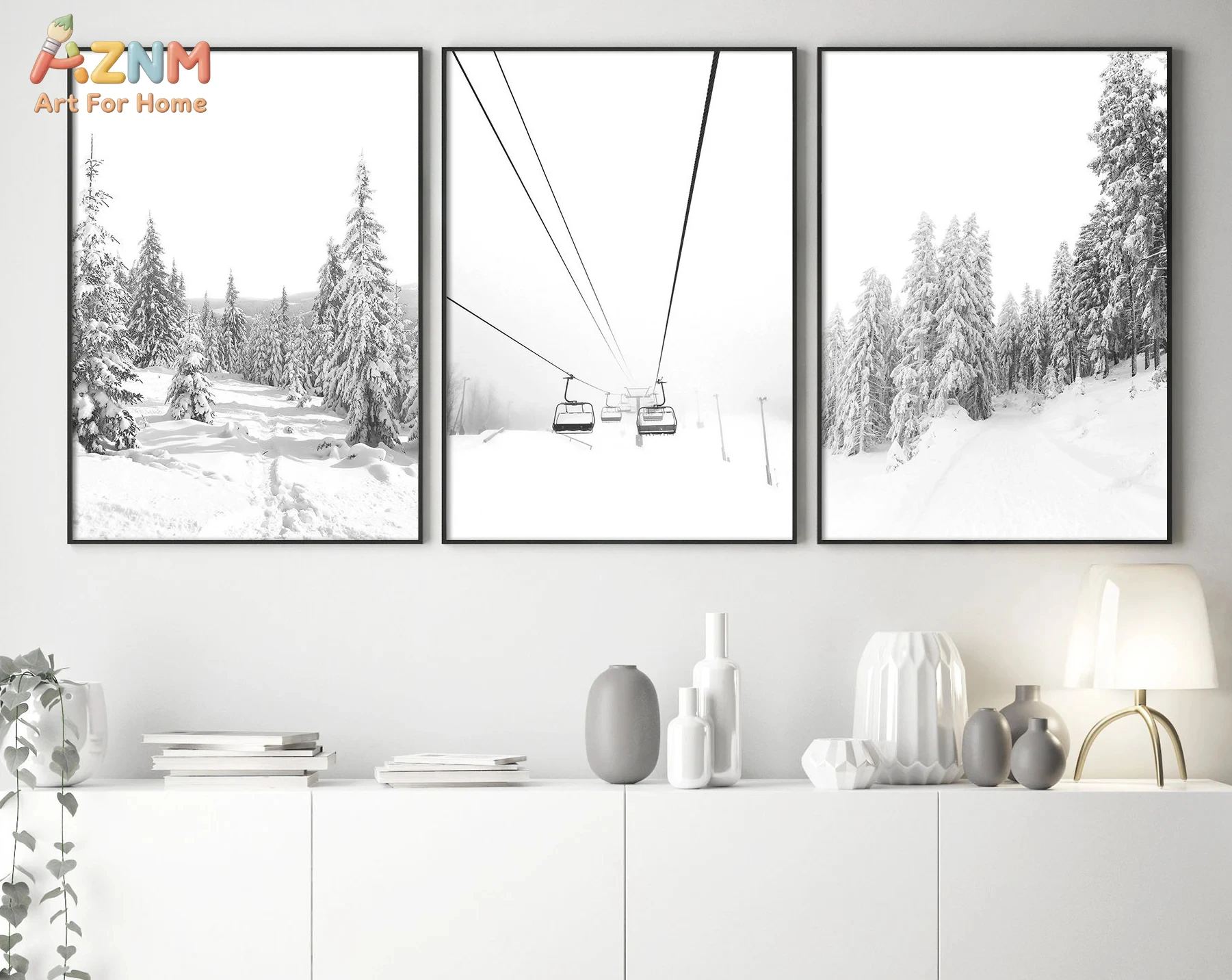 3PCS Black and White Ski Lift Snowy Forest Canvas Wall Art Set Winter Mountain Prints for Living Room Bedroom Decor Unframed