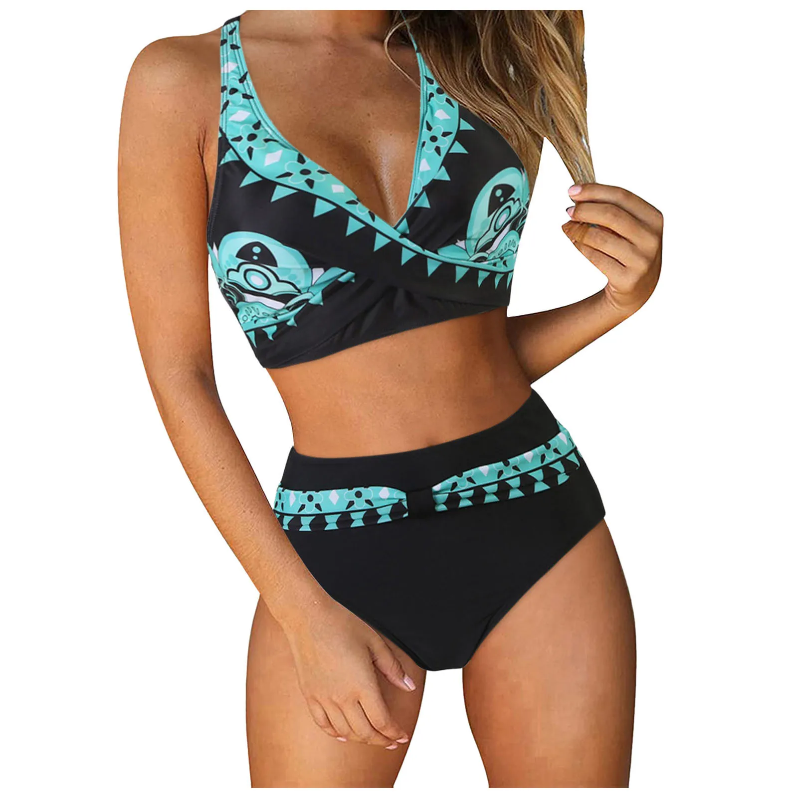 Women Ruched Plus Size Sexy Deep V-Neck Halter Beachwear Bathing Suits Female Push Up Padded Biquini Bathers Ropa De Mujer