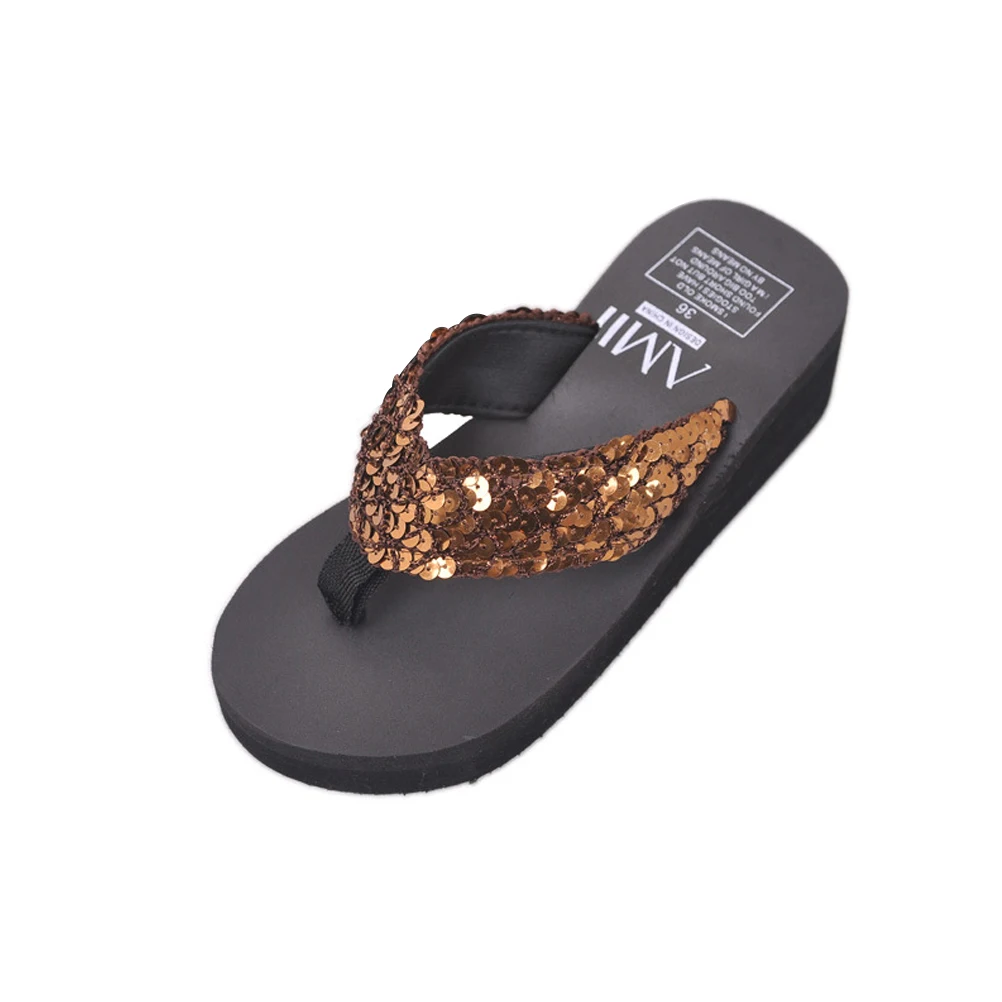

Large Size Wedge Platform Sandals Shiny Sequins Thong Flops Women Comfortable Non Slip EVA Material Black Color Casual Occasion
