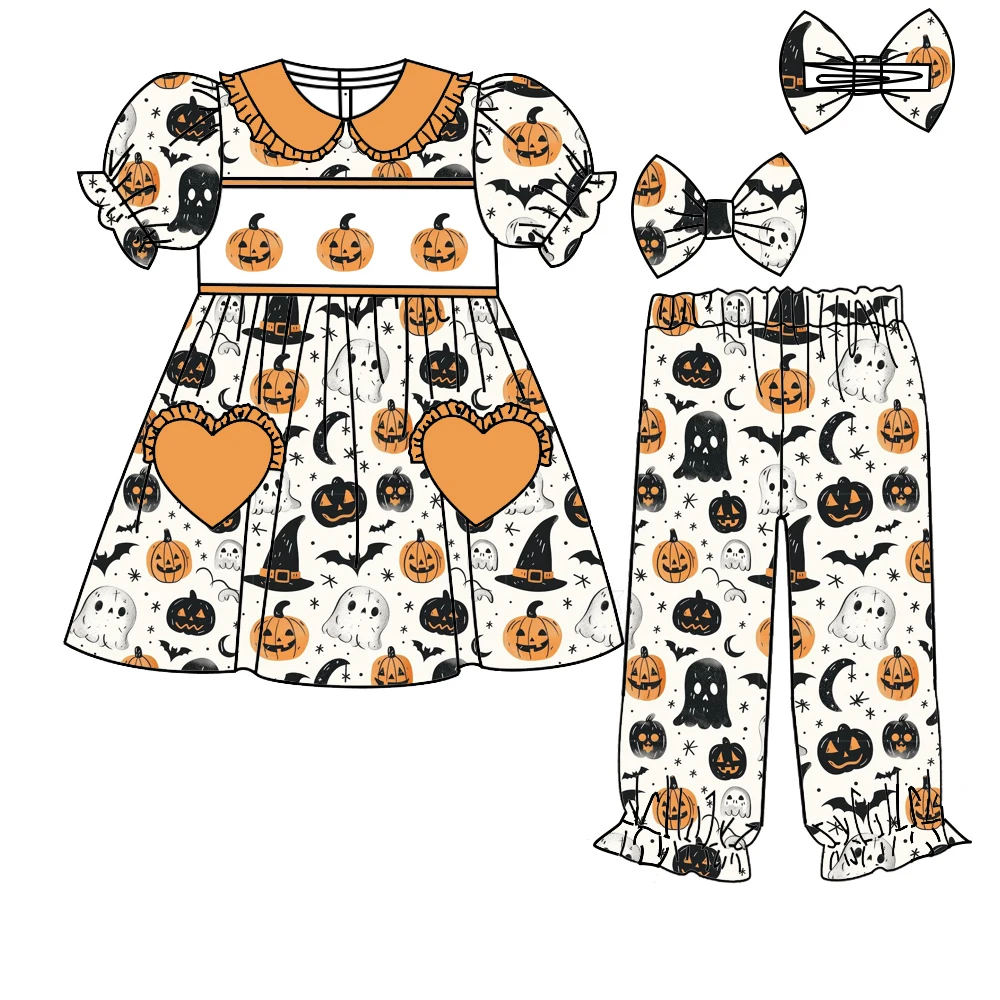 

Halloween boutique children's suit short-sleeved elastic spider ghost butterfly print trousers elastic girls boys trousers pajam