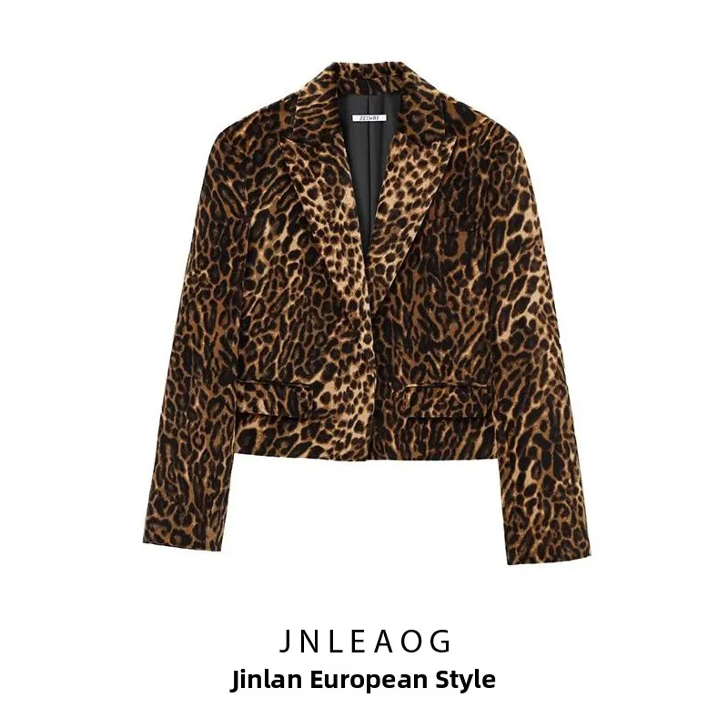 

JNLEAOG Autumn Winter ort Velvet Suit Women's Faion Animal Print Swan Coat Button Decoration Slim Fit Long Sve Suit
