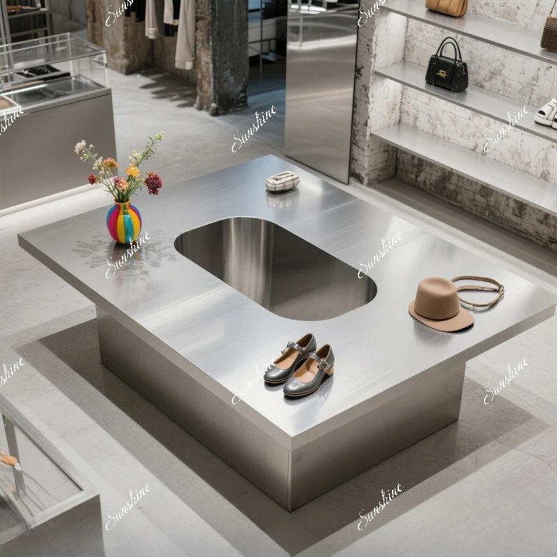 

Clothing store stainless steel island flowing table creative accessories placed on the table