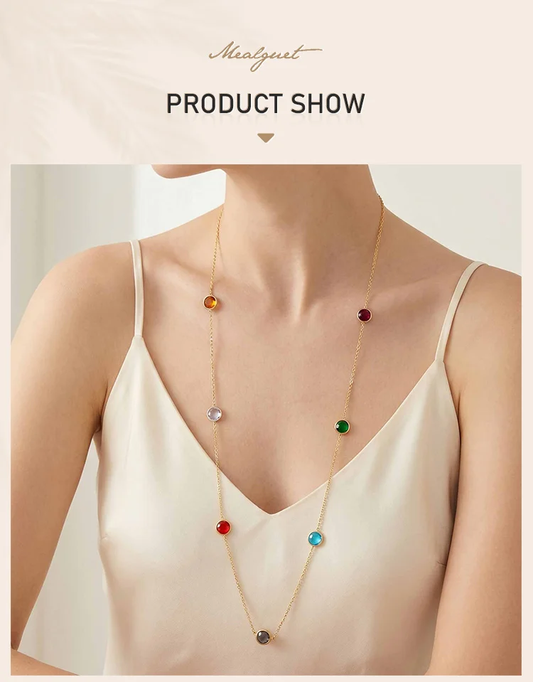 18K Vergoldete Edelstahl Lange Halskette für Frauen, Bunte Runde Naturstein-Perlen Stapelbare Layering-Partyschmuck – Detail 1