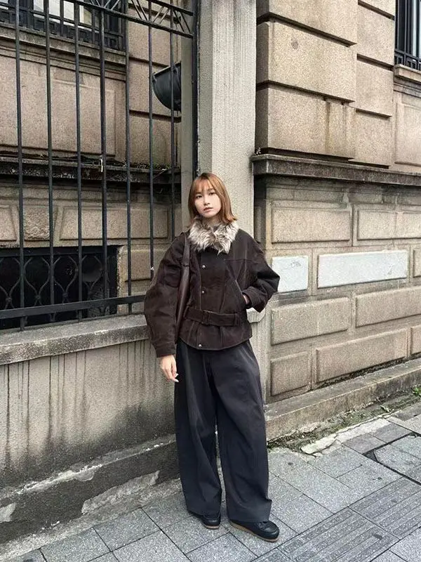 

Парка с отстегивающимся меховым воротником или куртка-жакет женская, свободного кроя, с длинными рукавами, винтажная, повседневная верхняя одежда