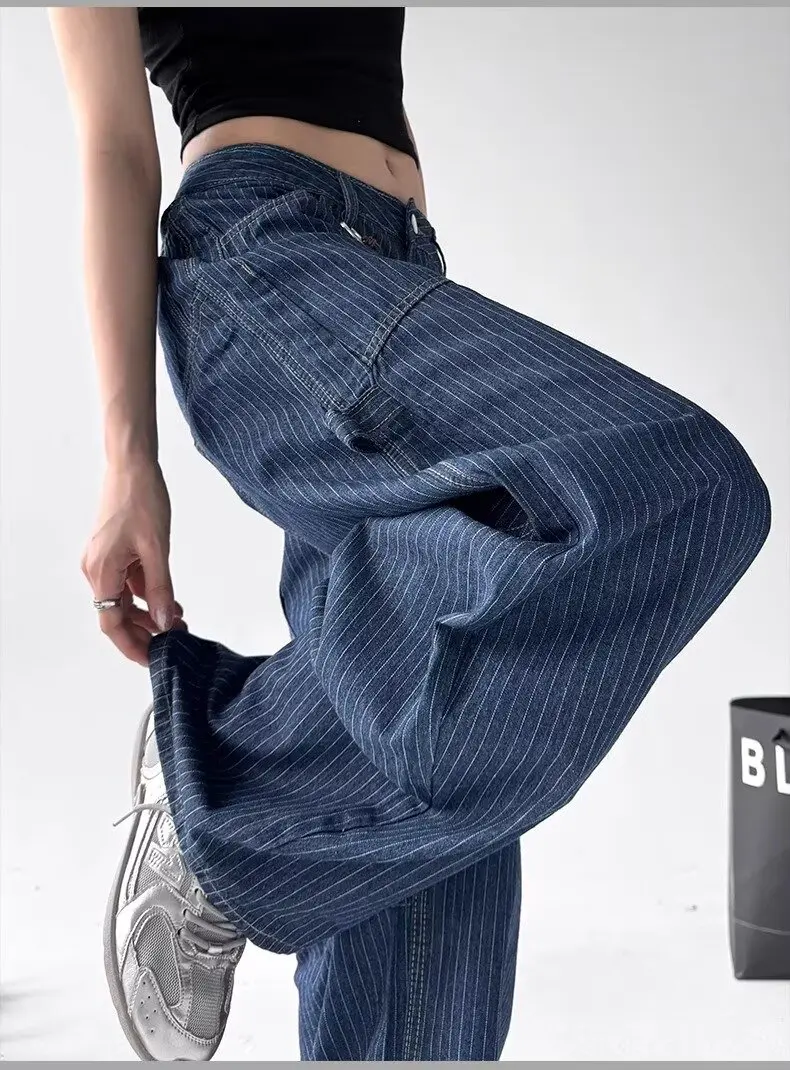 

Джинсы в синюю полоску для мужчин и женщин, модные повседневные мешковатые прямые джинсы, уличная одежда, корейские свободные широкие джинсы, джинсовые брюки, S-3XL