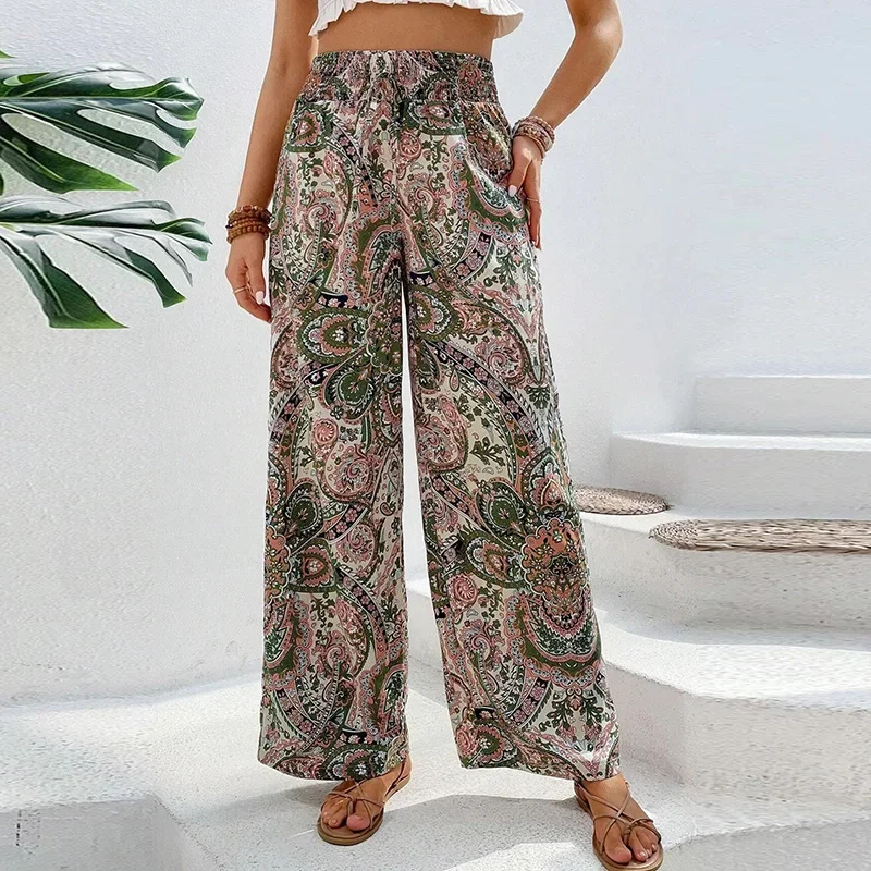 Spring Summer Women Pants Elastic Waist Printed Wide Leg Pants For Women Casual Trousers Streetwear 2024