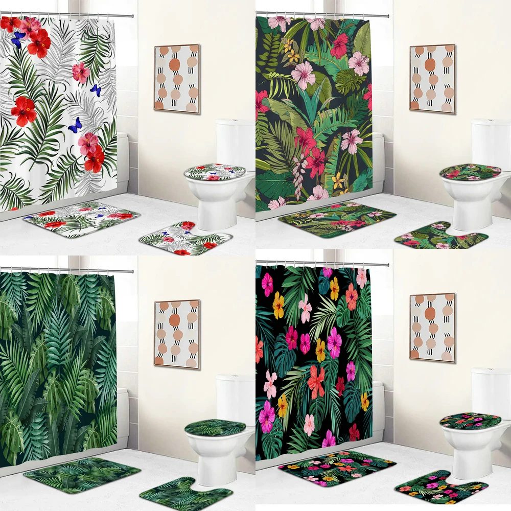 

Green Leaves Shower Curtain Sets Spring Rural Plant Flower Bathroom Curtains Non-Slip Toilet Lid Cover Rug Baths Mats Home Decor