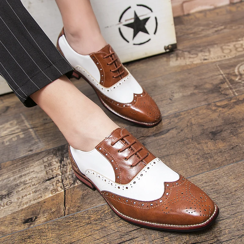 Italian brand brown white mixed block shoes men\'s high quality dress shoes business office shoes leather loafers big size：38-48