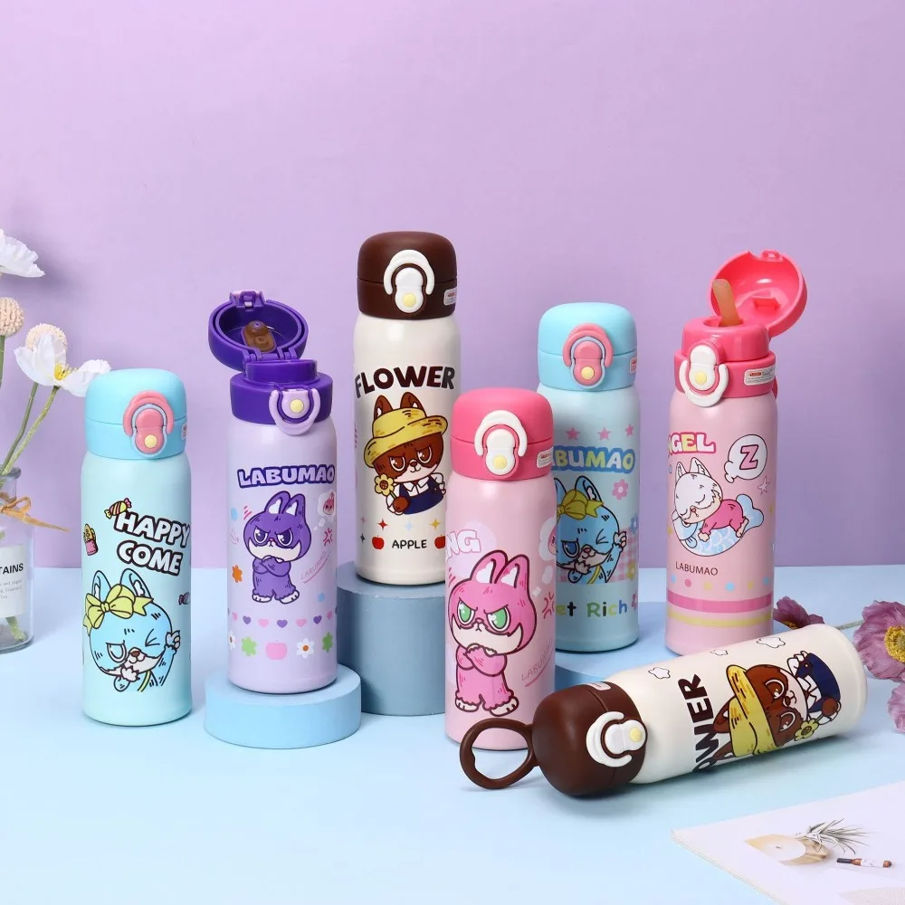 500ml Cute Cartoon Dog 316 Stainless Steel Water Bottle, One Click Dual Drink Pop Straw Insulated Thermos for Girls Students