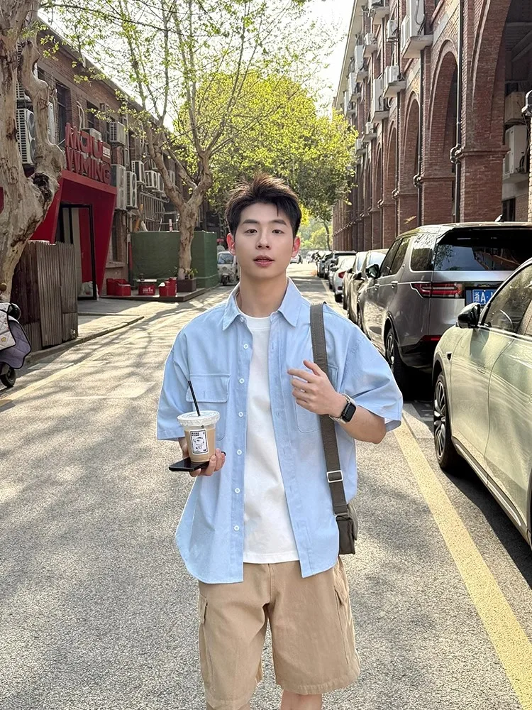 

Свободная повседневная рубашка с коротким рукавом и воротником, летняя, дышащая, синяя, для мужчин и женщин, с карманами, для работы