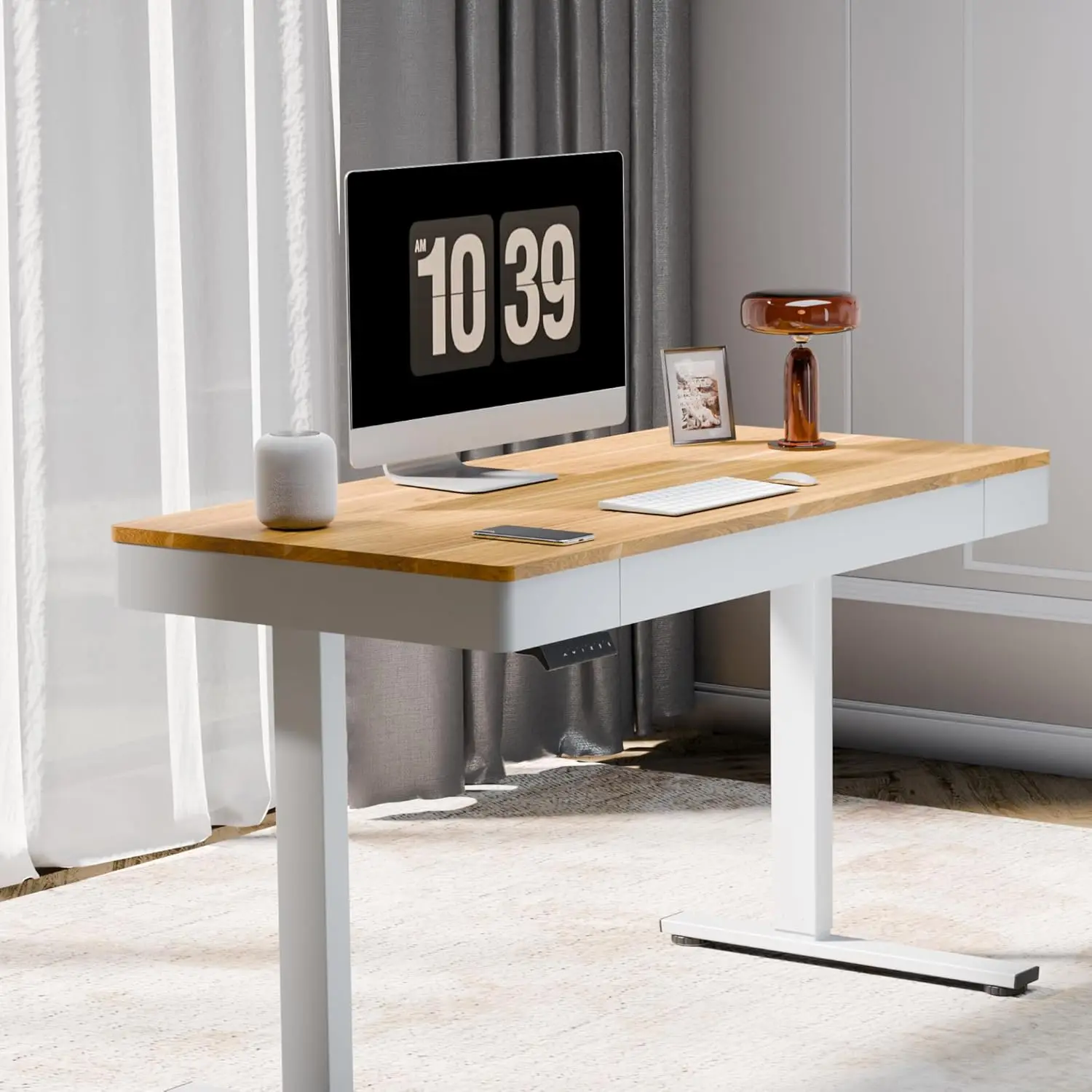 

Standing Desk with Drawer, 48 x 24 Inch Electric Adjustable Height Stand Up Desk with Storage Organizer, Whole Piece Wooden Des