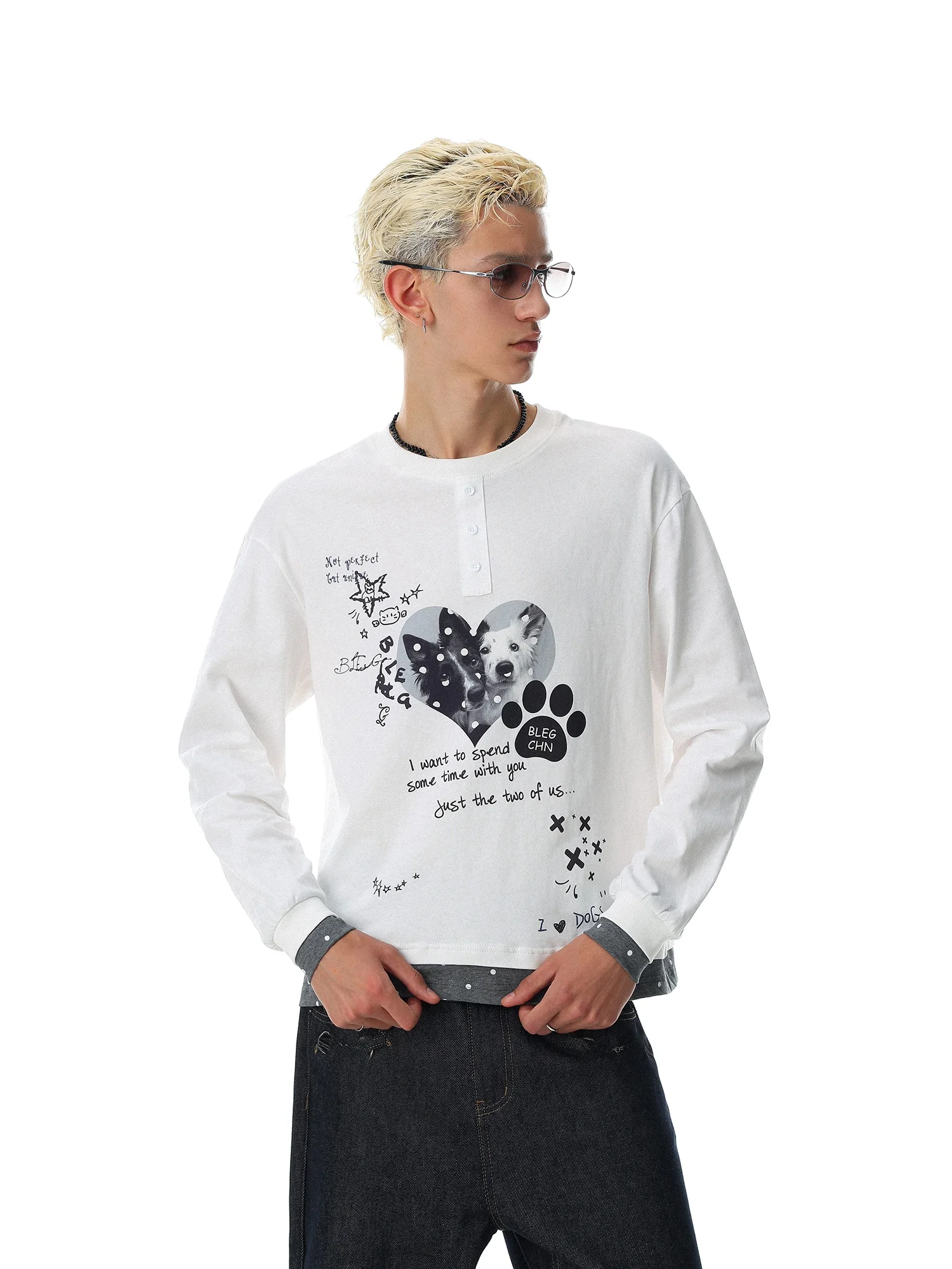 MRNEARLY American Retro Long Sleeve T-Shirt Men Summer Loose round Neck Fashion Brand Top Dog Print Casual Cotton Breathable
