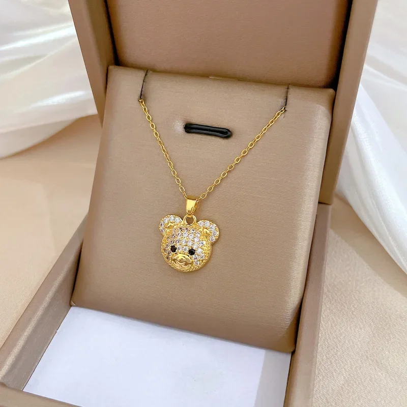 Cubic Zircon Filled Resin Bear Necklace for Women Stainless Steel Chain Choker Stainless Steel Gold Color Plated Jewelry Bohemia