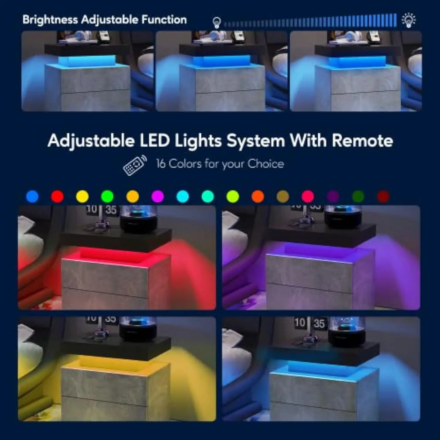 Conjunto de 2 mesinhas de cabeceira LED, mesa lateral moderna com 2 gavetas, móveis de quarto LED para quarto e sala de estar, cinza