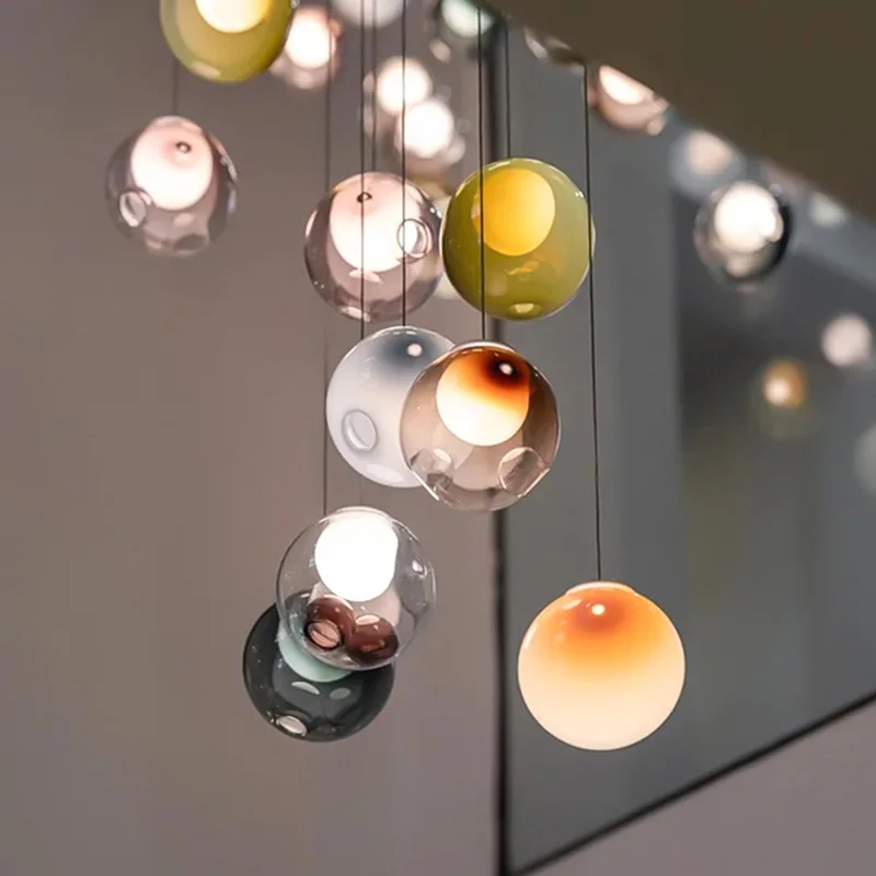 

Revolving duplex staircase simple chandelier glass living room dining room villa empty Loft