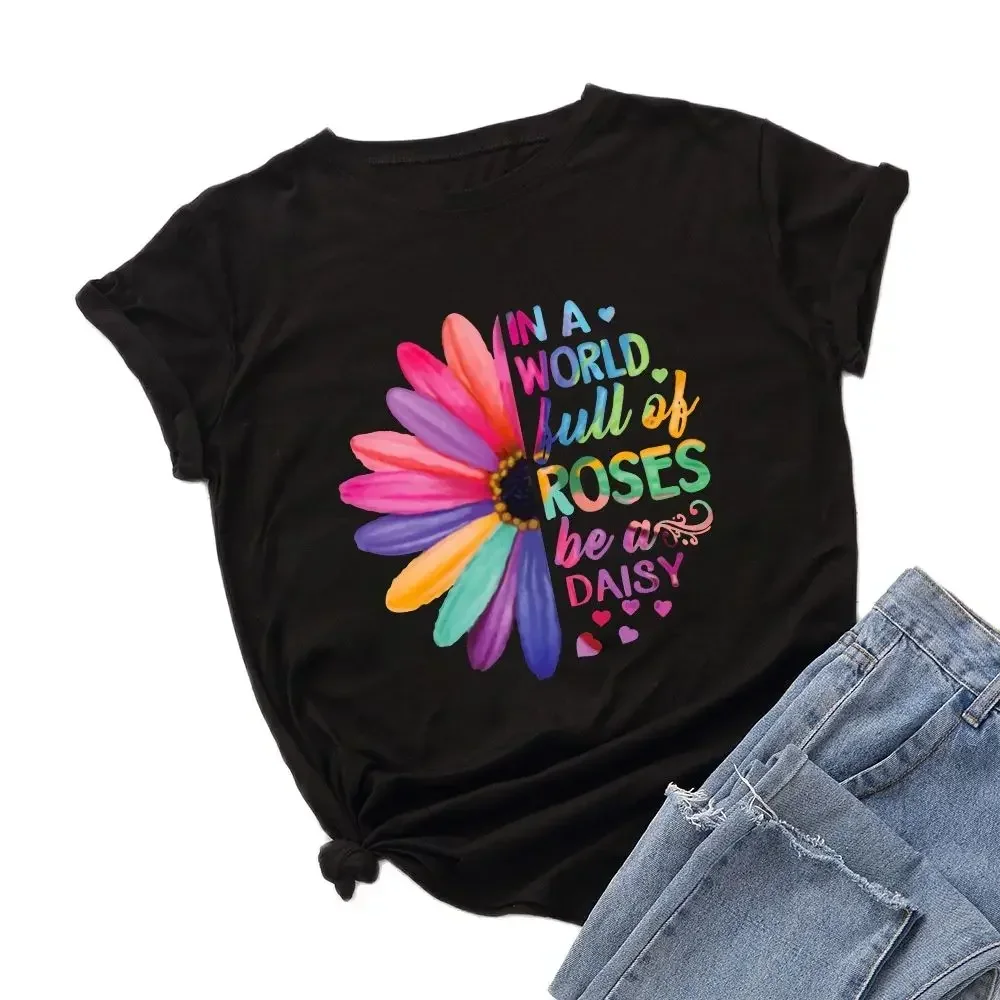 

2026 Lady Women's Loose Round Collar Short Sleeve T-shirt Female Trend Creative Colorful Daisy Sunflower Print Oversized TEE