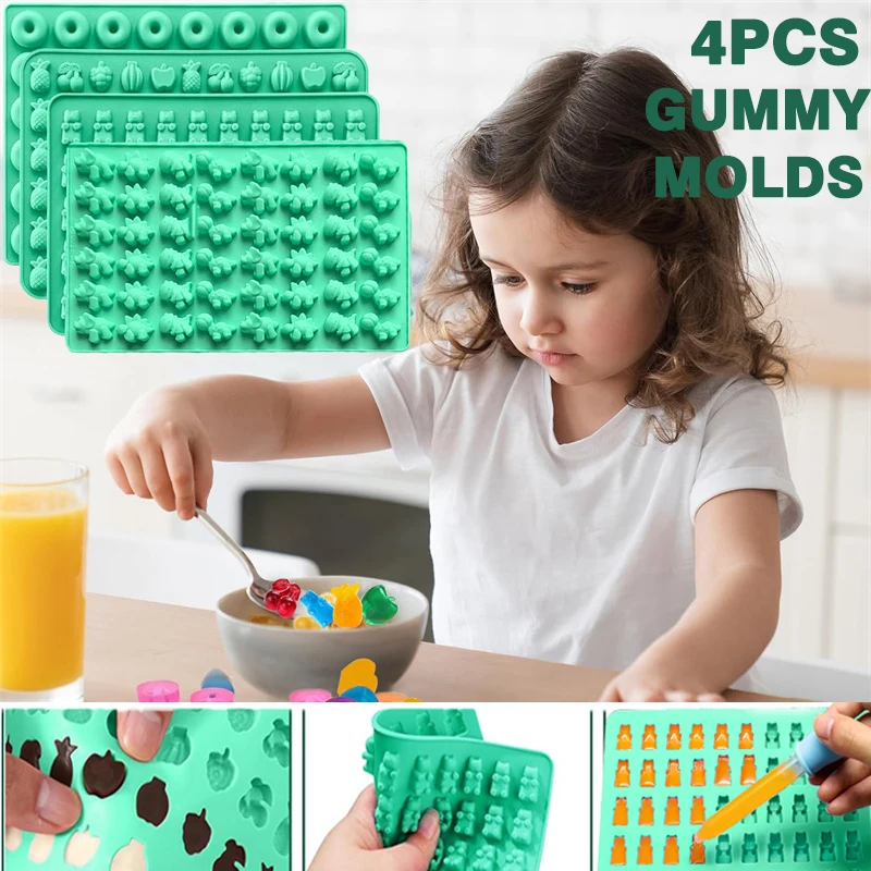 4PCS Silicone Gummy Molds Candy Mold Silicone with 2 Droppers for Convenient Filling Includes Dinosaur  Bear Donut Fruit