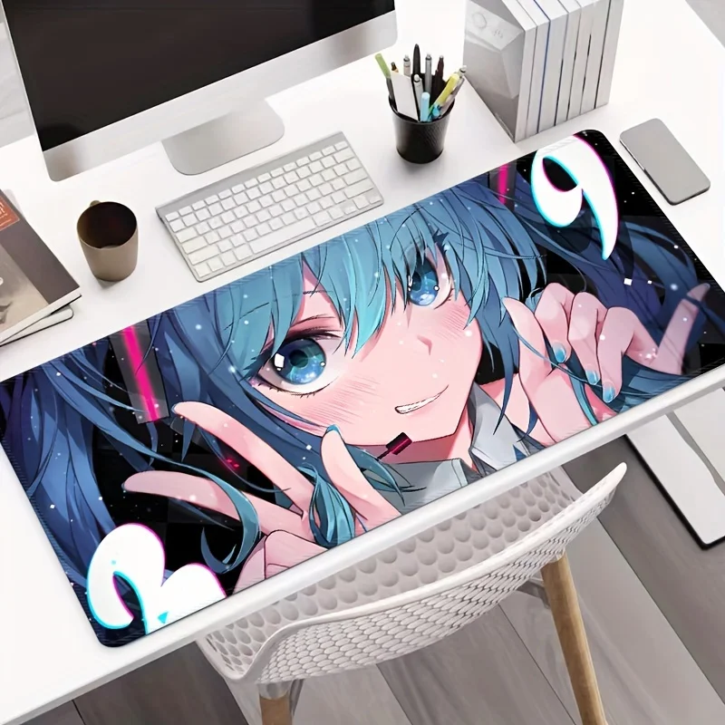 Blue Hair Anime Girl Large Gaming Mouse Pad Washable Rubber Non-slip Extended Desk Mat with precision lock edges for e-sports pc