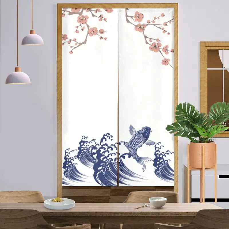 VIKAMA Ukiyo e Koi Japanese Style Half Door Curtain, Wavy Print Fabric Entryway Privacy Divider, Traditional Home Decor