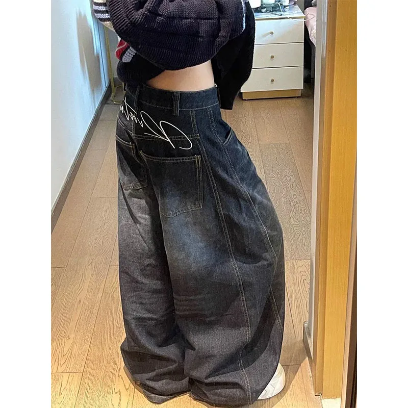 

American Retro Large Size Jeans Men Women Spring Loose Wide Leg Pants Knife Wa Design Casual Wearable Straight Cut Trousers