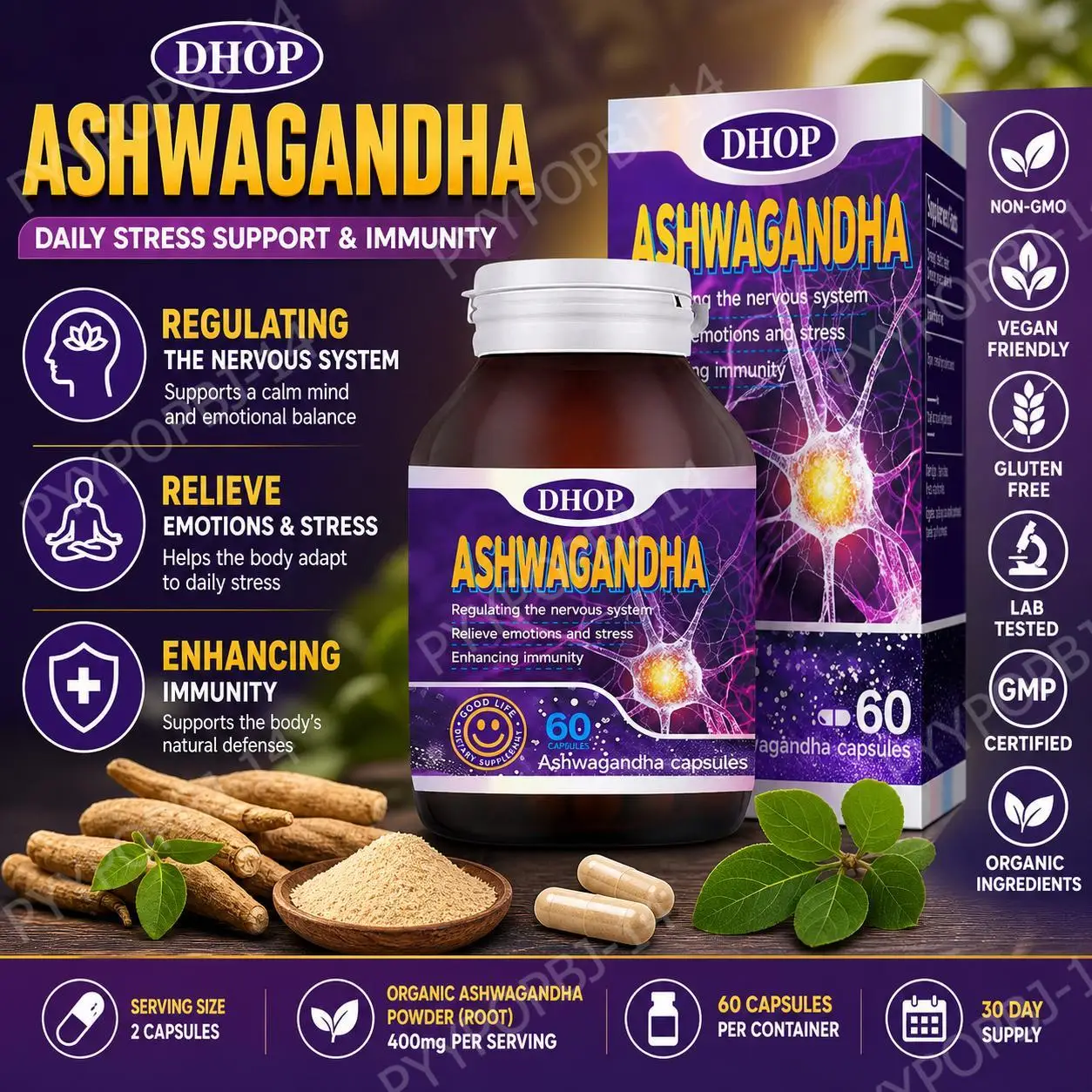 DHOP Ashwagandha Capsules for Stress Relief and Immune Support, Organic Ashwagandha Root Powder 400mg Per Serving, 60 Capsules
