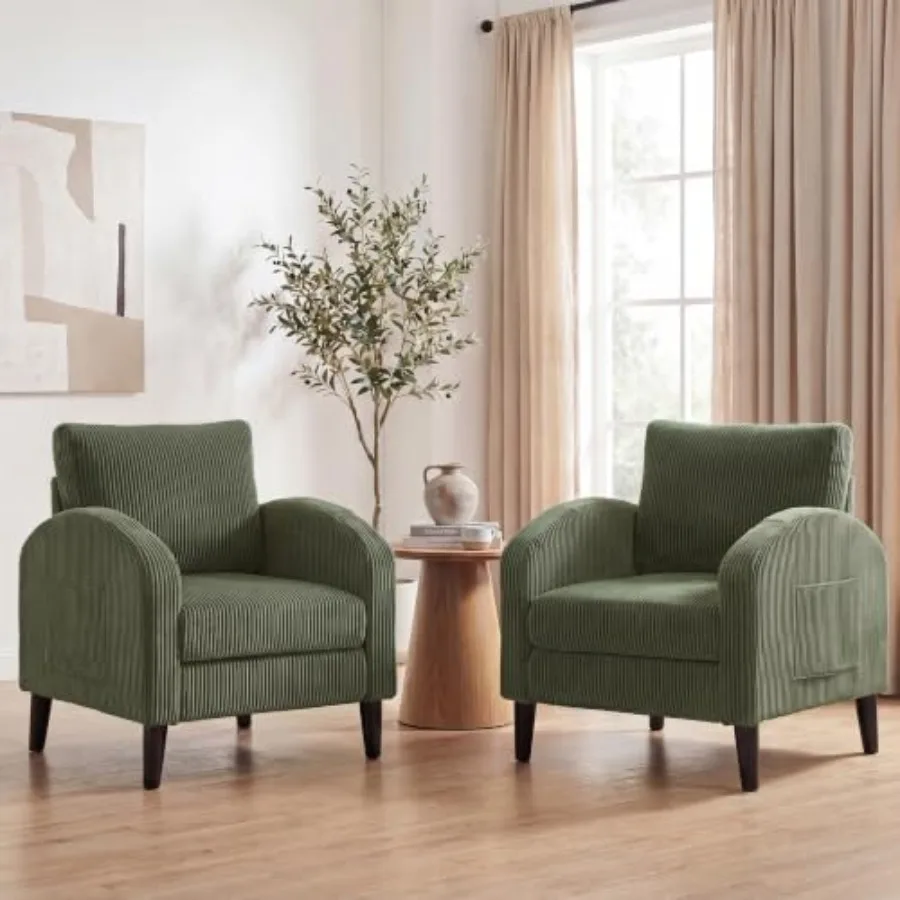 Accent Chairs 2, Mid Century Modern Upholstered Reading Living Room Chairs, Corduroy Armchair with Side Pockets, Comfy Side Cha