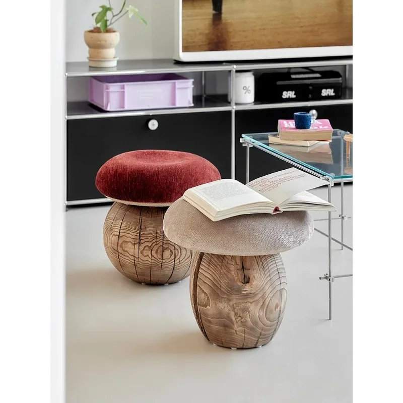 Mushroom Shaped Stool Designer Solid Wood Mid-Century Cream Aesthetic Multi Function for Home Entryway and Vanity view 6