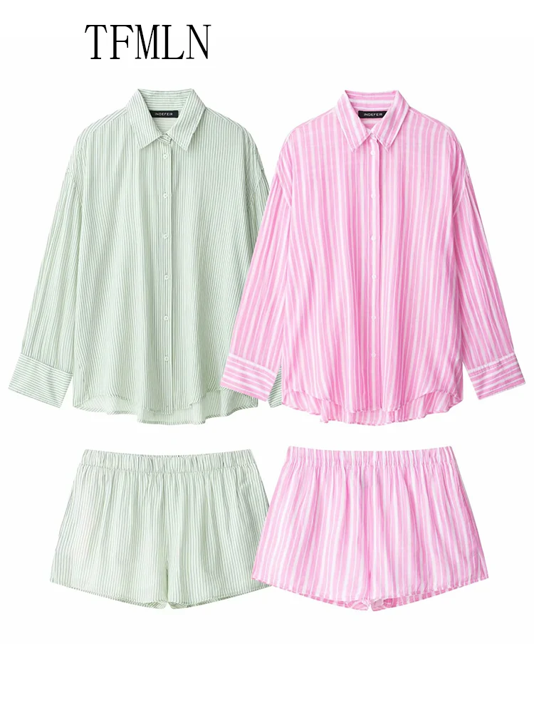 TFMLN 2025 Summer Women Striped Blouse Short Sets Simple Causal Single Breasted Loose Tops Elastic Waist A-line Short Outfits
