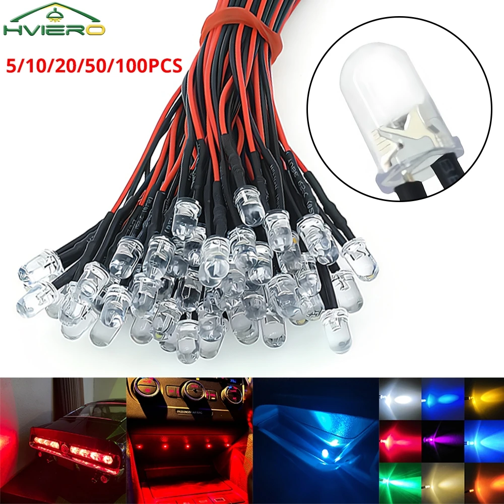 

5-100PCS DC 12V LED Emitting Atmosphere Lamp Round Bulb 20cm Pre-soldered Cable Lighting Beads Diodes 5mm Pre Wired Decoration