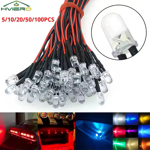 5-100PCS DC 12V LED Emitting Atmosphere Lamp Round Bulb 20cm Pre-soldered Cable Lighting Beads Diodes 5mm Pre Wired Decoration