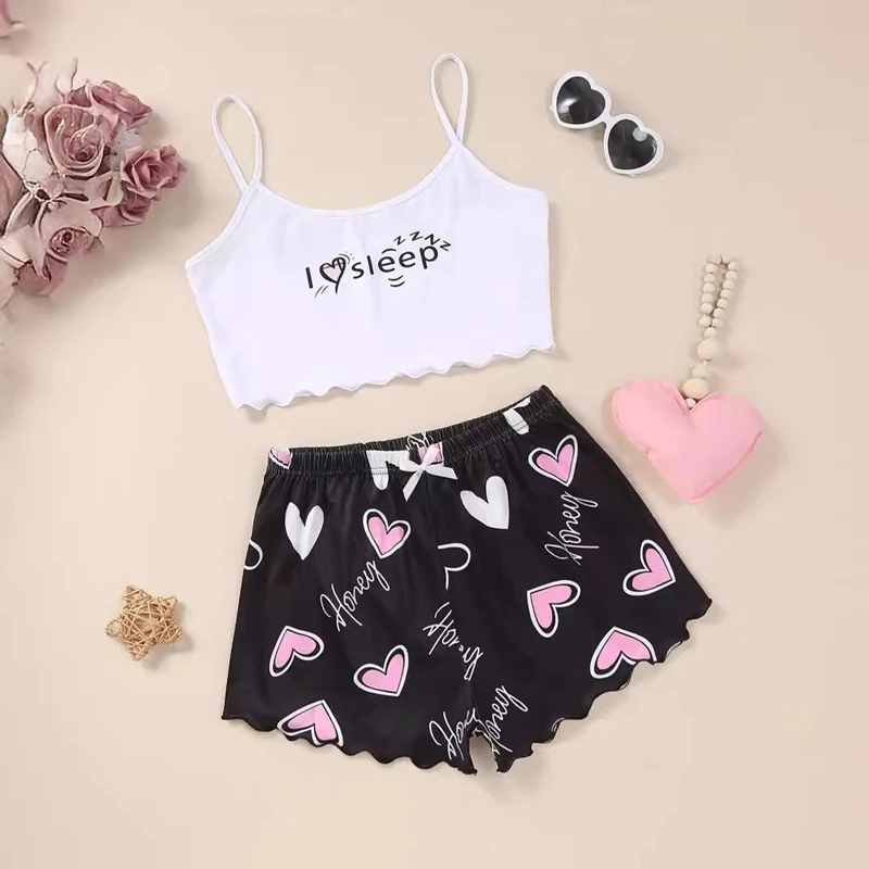 Sweet Heart Print Lounge Set Spaghetti Strap Cami Top And Shorts With Frill Details Perfect For Women's Summer Casual Attire Pjs