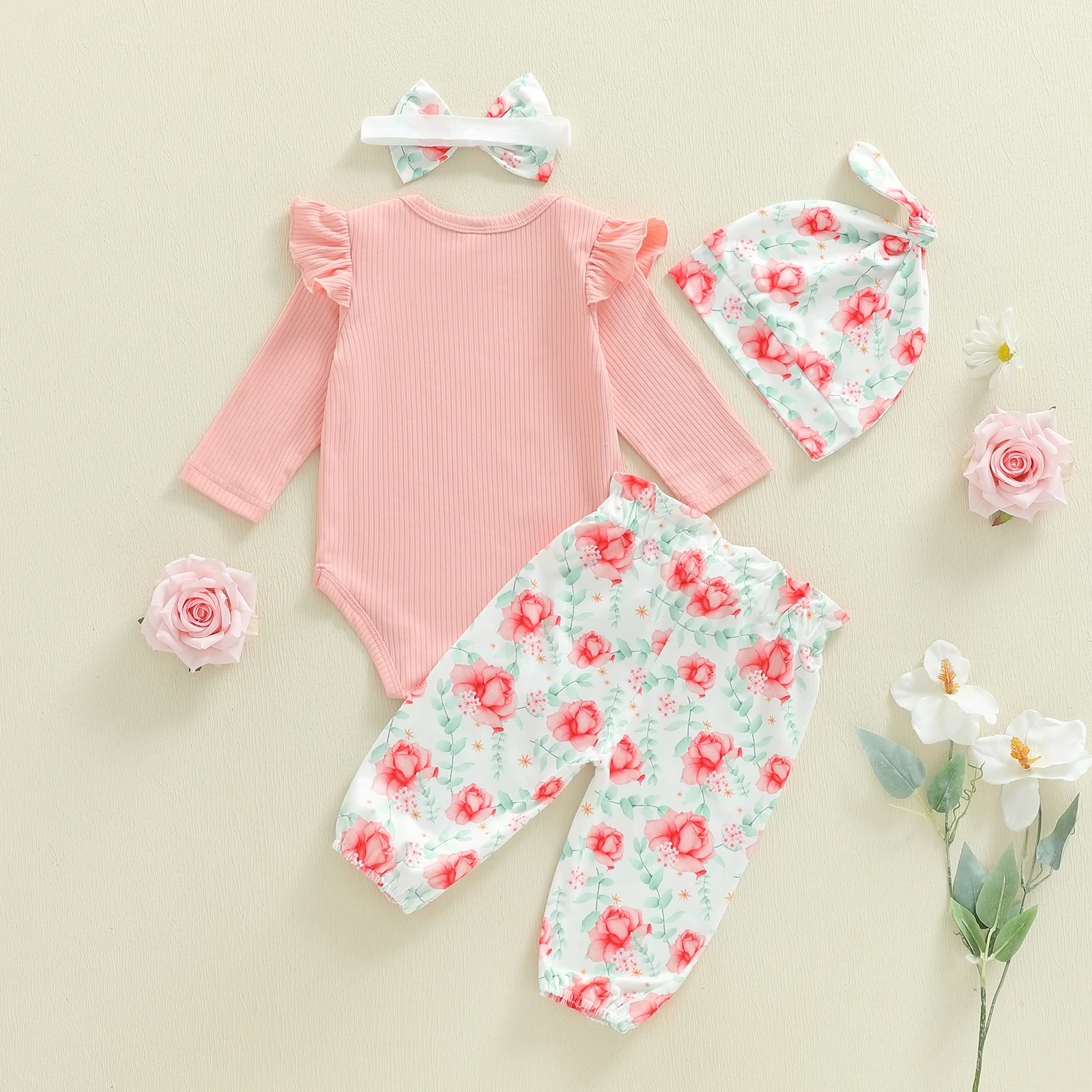 0-12Months Infant Baby Girl 4pcs Clothes Sets Newborn Long Sleeve Letters Printed Romper with Floral Pants Headband and Hat