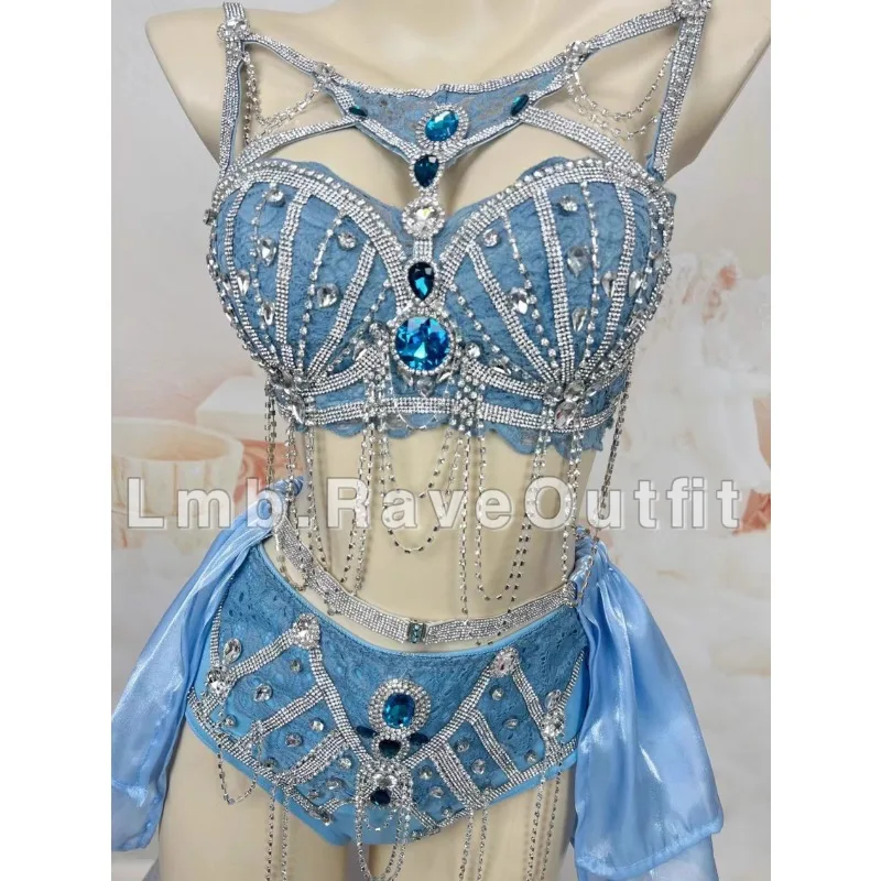 Personalizado azul sexy cheio de diamante sílaba elétrica salto di bikini bar festival música concerto samba carnaval trajes