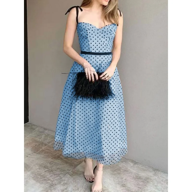 Damen Schnür riemen Polka Dot Temperament hohe Taille abnehmen Eleganz Retro Swing langes Kleid