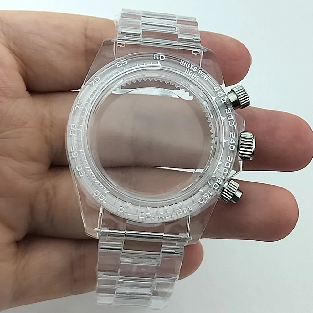 39,5mm Herren-Uhrengehäuse aus Acryl, transparent, geeignet für VK63, mit schwarzem, blauem, grünem, weißem Armband, Uhrenteile und Zubehör – Detail 6