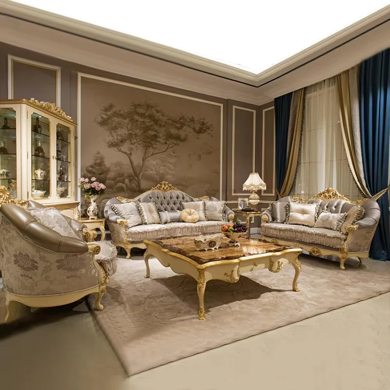 !@Italian French Royal Sectional Solid Wood Carved Luxury Sofa Set Gold White Luxury Classical Living Room Sofa Set 7 Seater