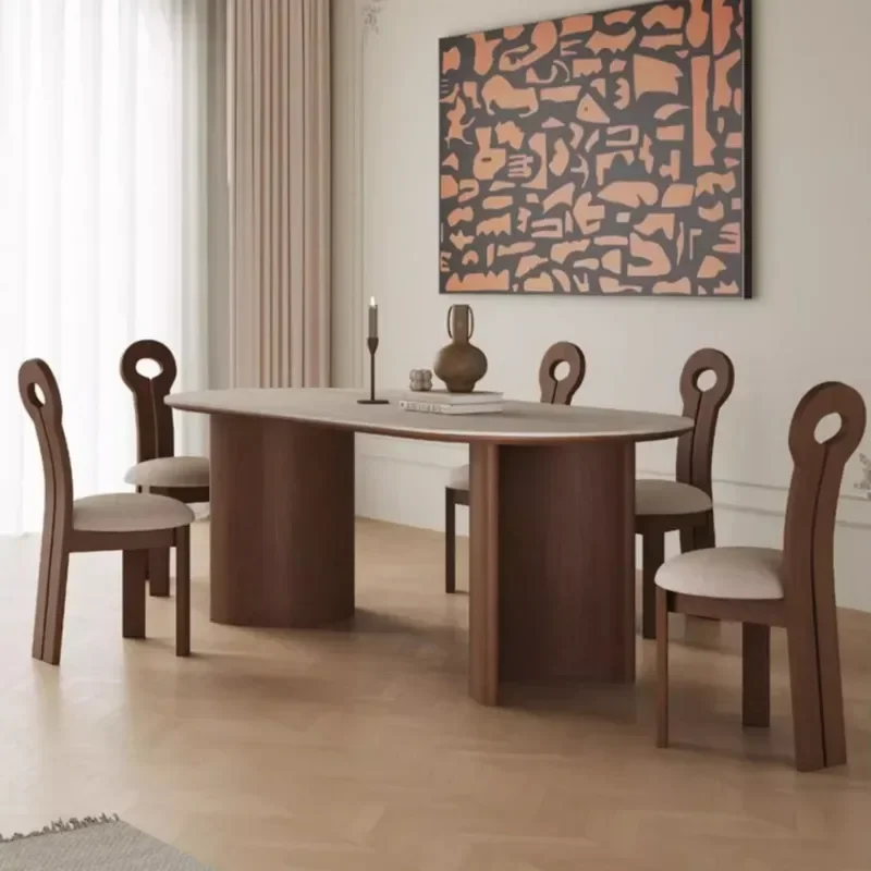 French Medieval Retro Travertine Rock Slab Dining Table Household Solid Wood Oval Black Walnut Dining Table