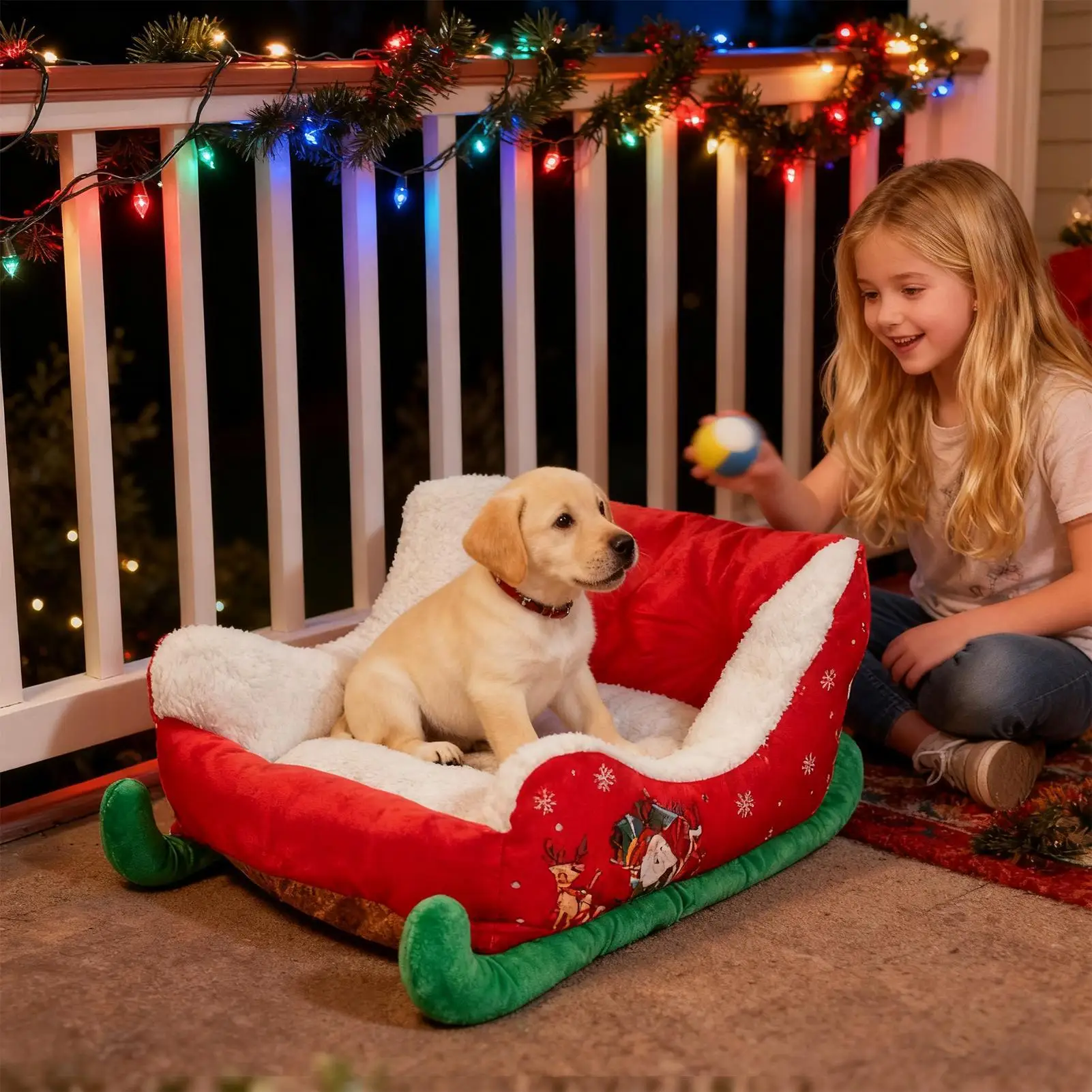 Christmas Sleigh Pet Bed Winter Puppy Kitten Warming Holiday Plush Pet Bed Artificial Furs Red Christmas Cat Dog Bed