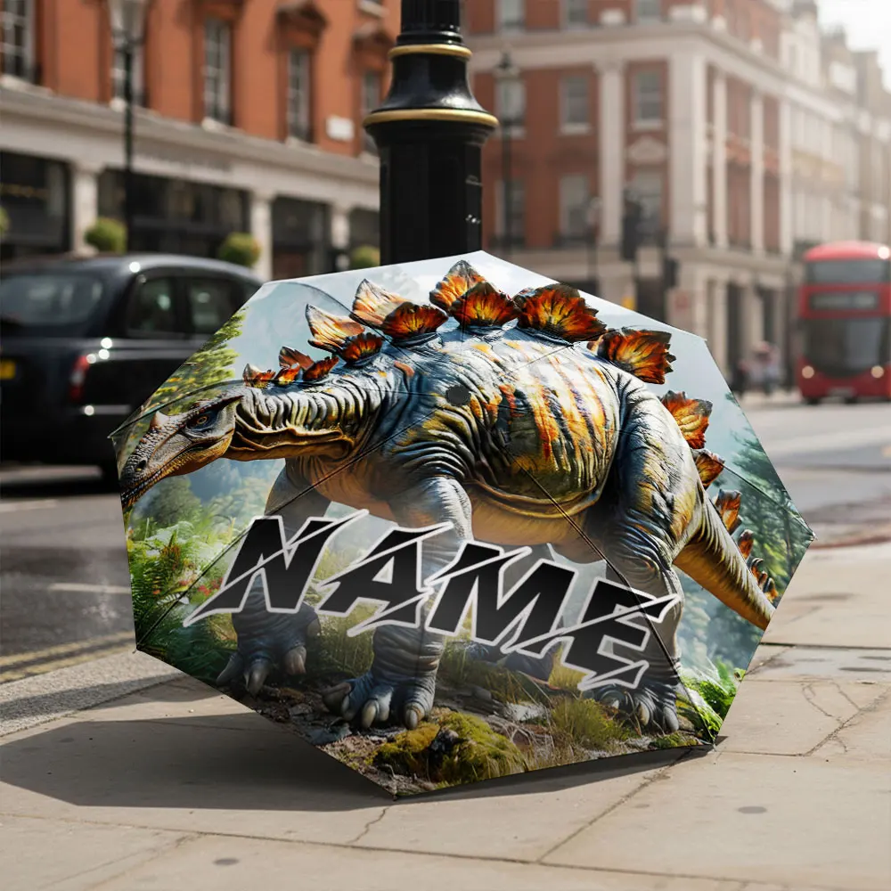 Custom Name umbrella, Dinosaur Adventure Umbrella with Stegosaurus Print Fashion Folding Umbrella for Daily Use,Christmas Gift