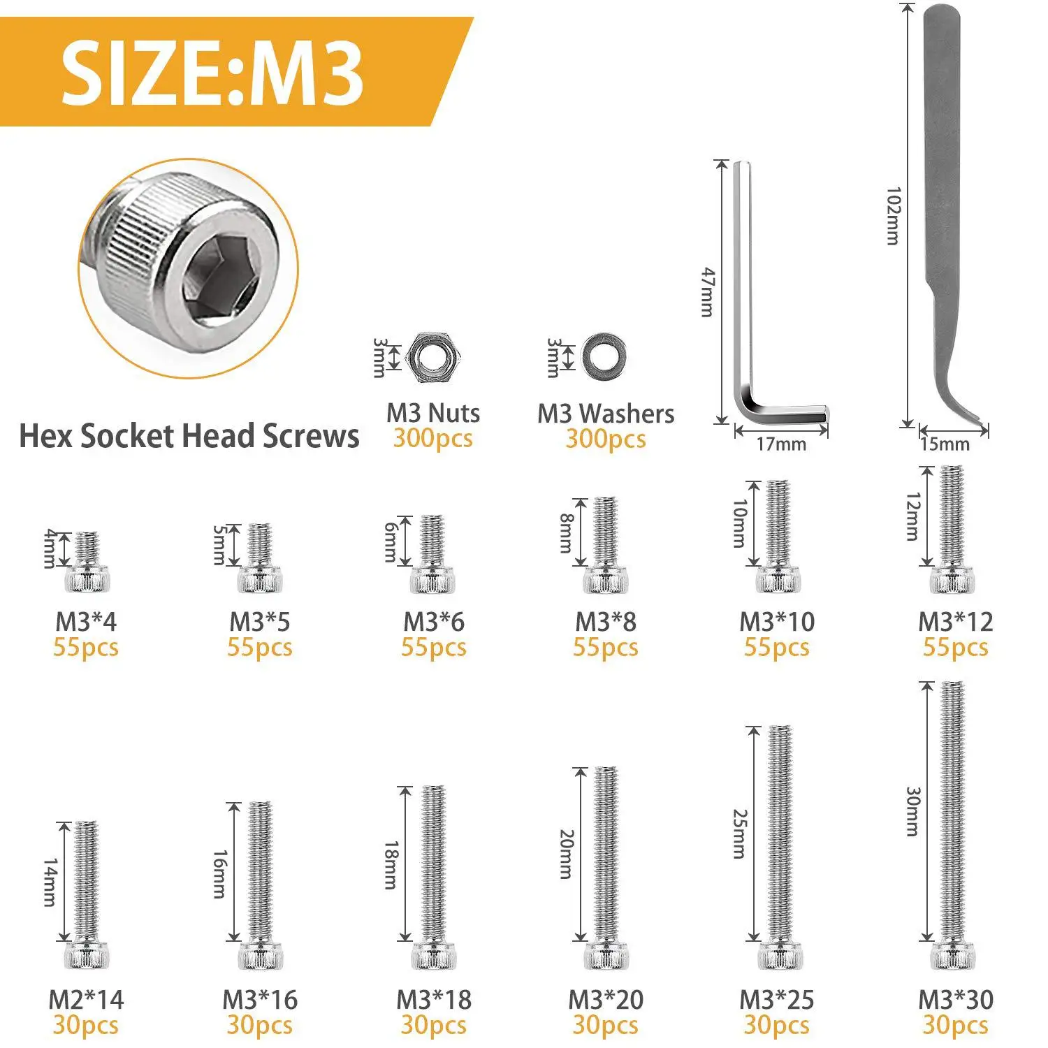 

570Pcs M3 screw set M3*4-30,304 Stainless Steel Allen Hexagon Hex Socket cap Button Head Screw Bolt Washer Nut Assortment Kit