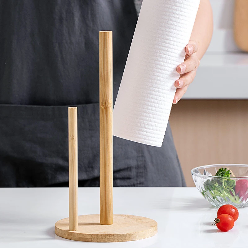 1PC Modern Wooden Kitchen Roll Paper Towel Holder Vertical Bathroom Tissue Stand Base Disposable Paper Pot Organizer For Kitchen view 2