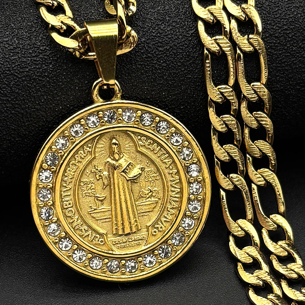 

Catholic Saint Benedict Cross Medal Pendant Necklace for Women Men Stainless Steel Rhinestones San Benito Cuban Chain Jewelry