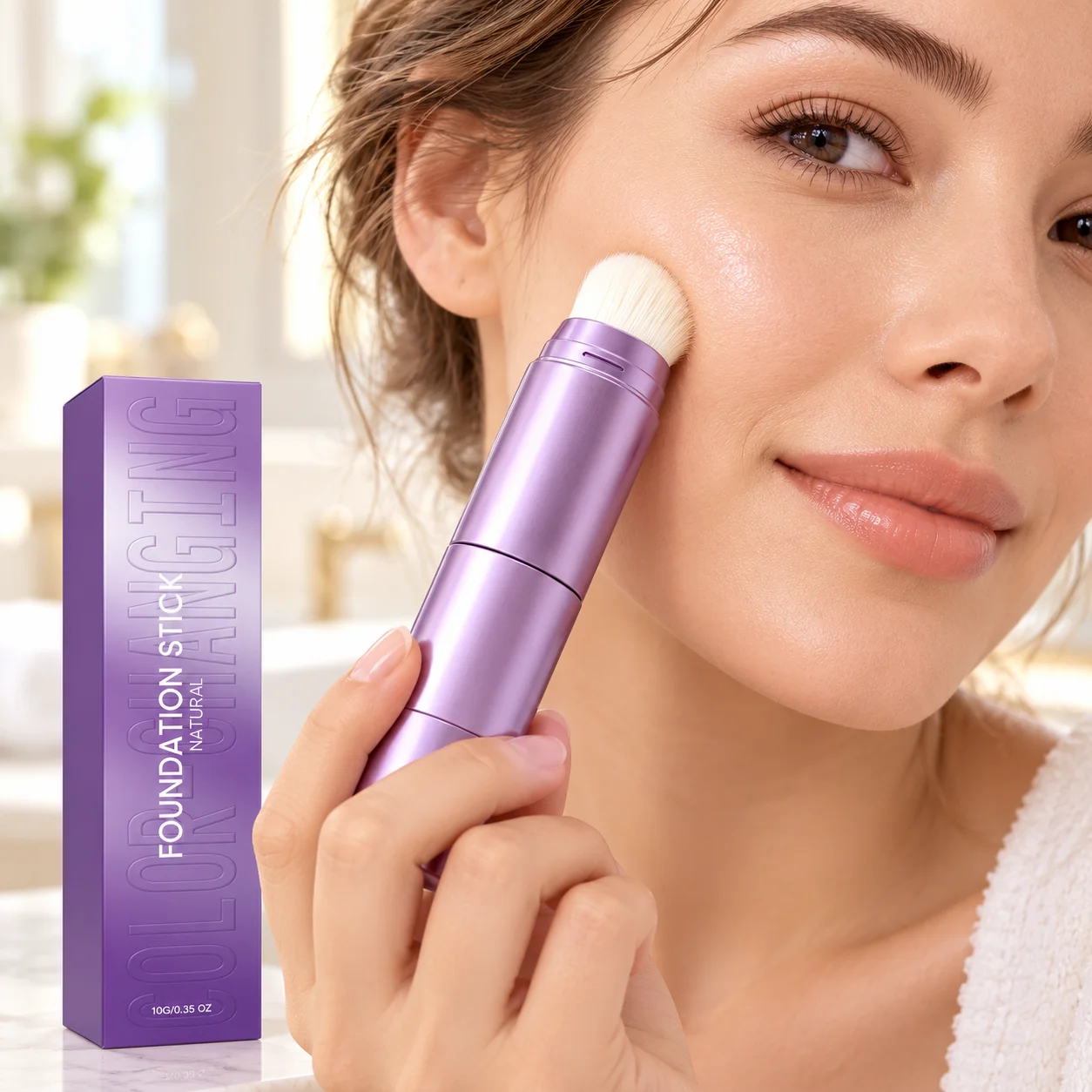 10g Color Changing Foundation Stick with Integrated Brush, Portable Face Makeup for a Natural Finish and Radiant Looking Skin